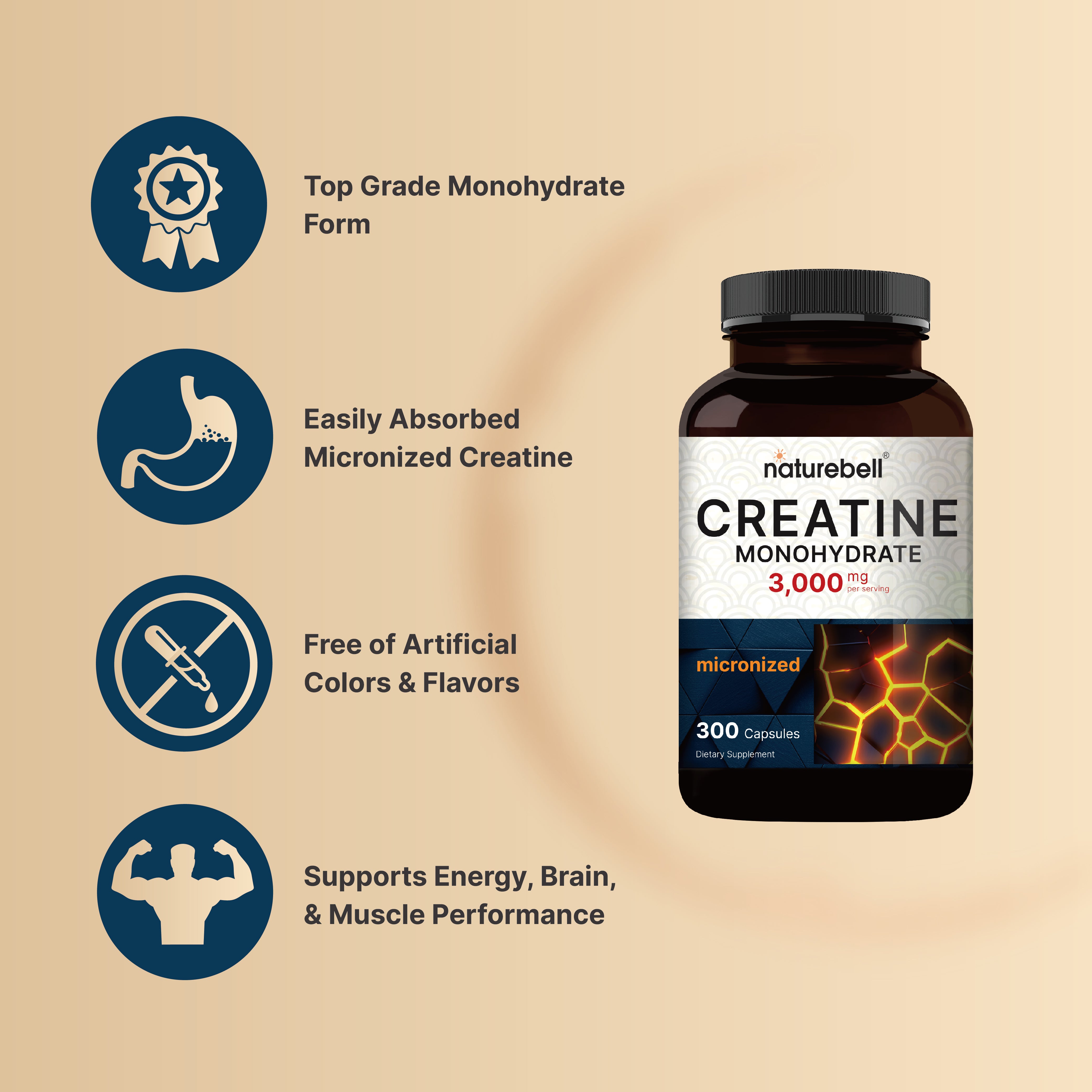 Creatine Monohydrate 3,000mg, 300 Capsules – NatureBell