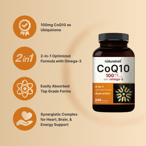 CoQ10 (Ubiquinone) 100mg with Omega 3 Fatty Acids, 240 Capsules