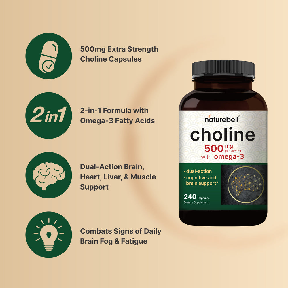 Choline Supplements 500mg with Omega-3 Fatty Acids, 240 Capsules