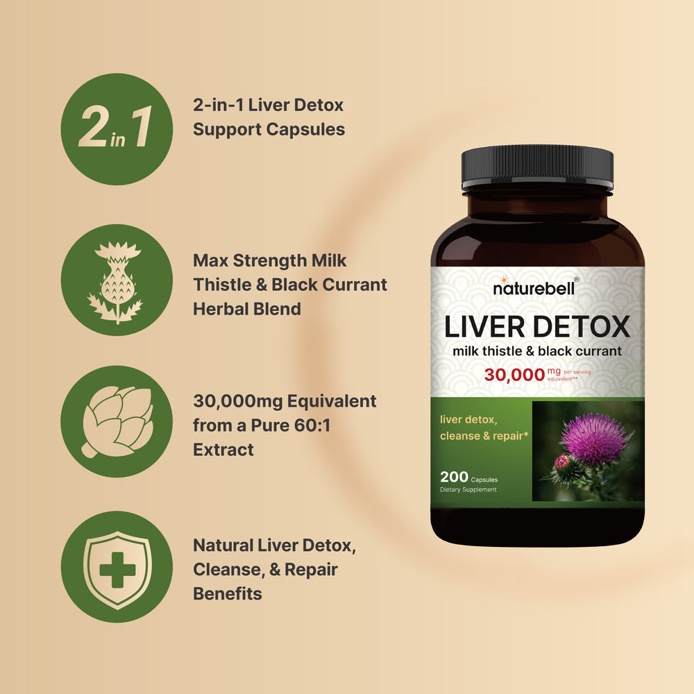 Liver Detox Supplements – 200 Capsules with Milk Thistle 30,000mg & Black Currant